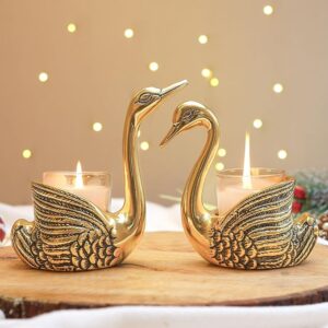 BEHOMA Aluminium Pair of Swans for Good Luck and Love | Candle Holder for Home Decor Tabletop Living Room | Showpiece for Gifting Anniversary Diwali & Navratri Pooja (Candles/Plants Not Included),Gold